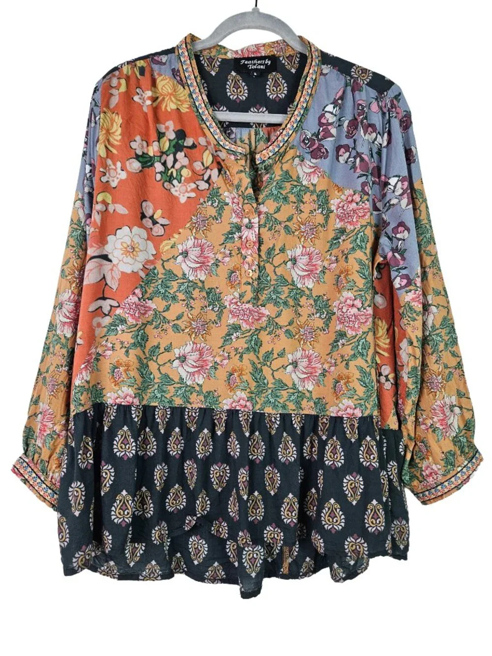 Anthro Feathers by Tolani Alex Mixed Print Floral Panel Embroidered Peasant Top